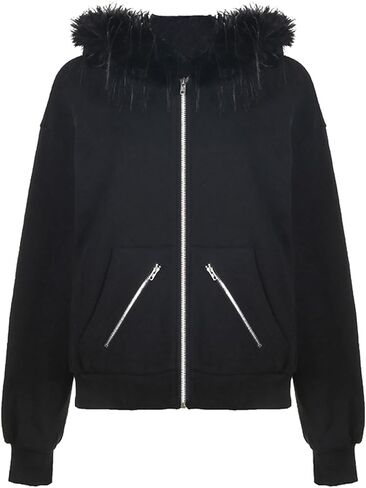 CORIRESHA Women Faux Fur Hood Sweatshirt Zip-Up Casual Hoodie with Pockets in Saudi Arabia