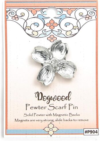 Dogwood Scarf Pin - Gift Packaged - Magnetic Back Closure No holes in Clothes - Gift Packaged - Handcrafted Pewter Made in USA in Kuwait