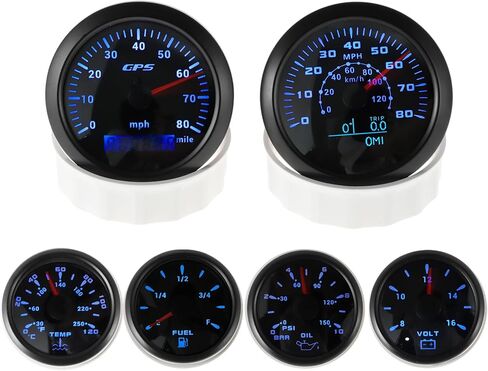 مجموعة قياس 6 قياس 3-3/8 بوصة 85 مم GPS عداد سرعة الدوران، 2-1/16 بوصة 52 مم ضغط الزيت مستوى الوقود درجة حرارة الماء الفولتميتر مقاوم للماء للقوارب البحرية والسيارات والشاحنات أسود in Saudi Arabia