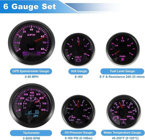 مجموعة قياس 6 قياس 3-3/8 بوصة 85 مم GPS عداد سرعة الدوران، 2-1/16 بوصة 52 مم ضغط الزيت مستوى الوقود درجة حرارة الماء الفولتميتر مقاوم للماء للقوارب البحرية والسيارات والشاحنات أسود in Saudi Arabia