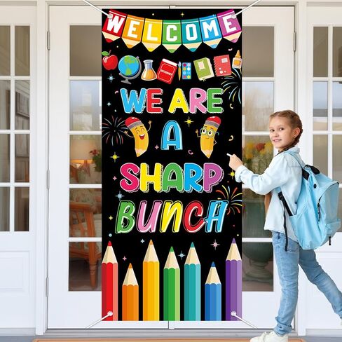 Wiooffen Classroom Welcome Door Cover We Are a Sharp Bunch Front Door Porch Sign Back to School Hanging Banner Decoration Colorful Photo Background Wall Decor for Kindergarten Preschool Elementary in Saudi Arabia