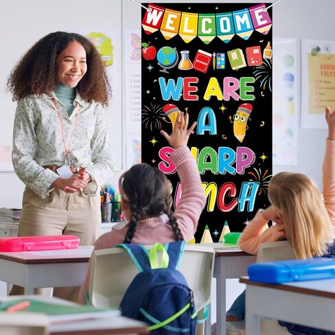 Wiooffen Classroom Welcome Door Cover We Are a Sharp Bunch Front Door Porch Sign Back to School Hanging Banner Decoration Colorful Photo Background Wall Decor for Kindergarten Preschool Elementary in Saudi Arabia
