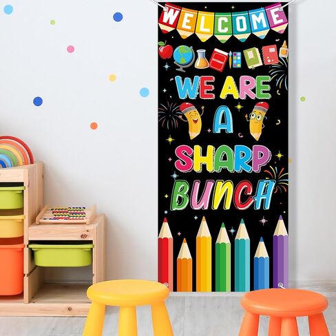 Wiooffen Classroom Welcome Door Cover We Are a Sharp Bunch Front Door Porch Sign Back to School Hanging Banner Decoration Colorful Photo Background Wall Decor for Kindergarten Preschool Elementary in Saudi Arabia
