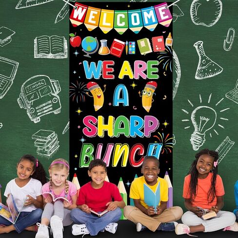 Wiooffen Classroom Welcome Door Cover We Are a Sharp Bunch Front Door Porch Sign Back to School Hanging Banner Decoration Colorful Photo Background Wall Decor for Kindergarten Preschool Elementary in Saudi Arabia