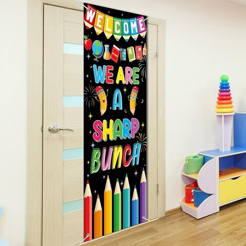 Wiooffen Classroom Welcome Door Cover We Are a Sharp Bunch Front Door Porch Sign Back to School Hanging Banner Decoration Colorful Photo Background Wall Decor for Kindergarten Preschool Elementary in Saudi Arabia