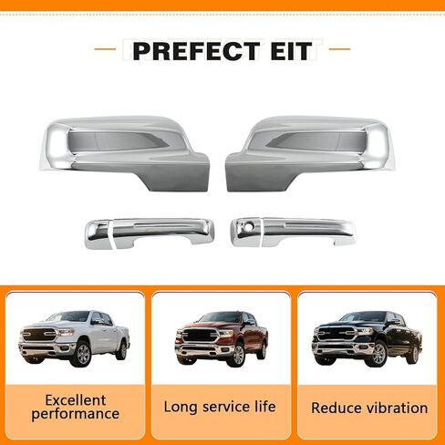 Side Mirror Cover Cap + Door Handle Covers Compatible with Dodge Ram 1500 2019 2020 2021 2022 2023 2024 Left & Right Top Half Mirror Cover Without Smart Keyholes(Chrome) in Kuwait