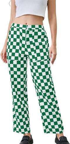 Womens Checkered Pants Zip Off Plaid Gingham Pants Casual Elastic High Waist Straight Leg Jeans with Pockets in Kuwait
