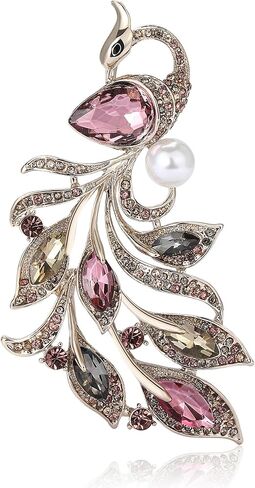 Rhinestone Peacock Phoenix Feather Teardrop Crystal Pearl Accent Brooch Pin For Women Statement Vintage Classic Gold Silver Colors in Kuwait