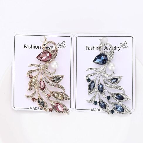 Rhinestone Peacock Phoenix Feather Teardrop Crystal Pearl Accent Brooch Pin For Women Statement Vintage Classic Gold Silver Colors in Saudi Arabia