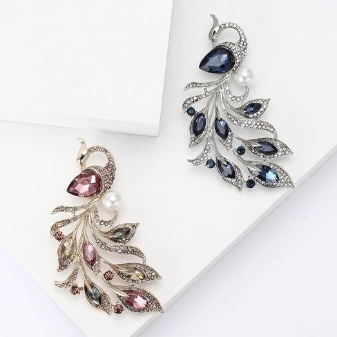 Rhinestone Peacock Phoenix Feather Teardrop Crystal Pearl Accent Brooch Pin For Women Statement Vintage Classic Gold Silver Colors in Saudi Arabia