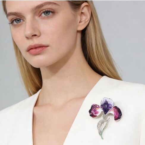 Luxury Purple Iris Flower Enamel Brooch - Sparkling Rhinestone Floral Lapel Pin, Elegant Flower Jewelry for Women, Wedding Formal Business Suit Dress Corsage Accessory, Gift for Her in Saudi Arabia
