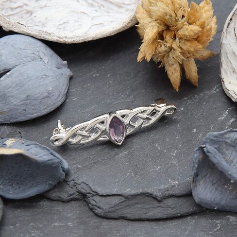 Alexander Castle 925 Sterling Silver Brooch for Women - Celtic Brooch Pin with Purple Cubic Zirconia & Jewelry Gift Box - 35mm x 10mm in Saudi Arabia