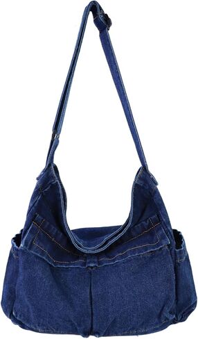 حقيبة كتف من الدينيم للنساء، حقيبة كتف من القماش ذات سعة كبيرة مع حزام قابل للتعديل in Kuwait