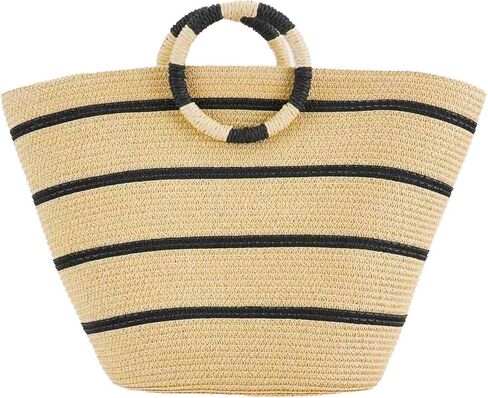 حقيبة الشاطئ للنساء حقائب حمل من القش حقيبة يد ذات سعة كبيرة حقيبة يد من الخيزران بمقبض علوي مستدير لعطلة الصيف والشاطئ والسفر in Kuwait