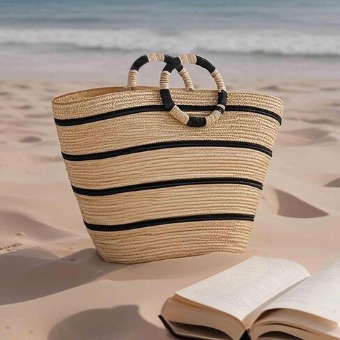 حقيبة الشاطئ للنساء حقائب حمل من القش حقيبة يد ذات سعة كبيرة حقيبة يد من الخيزران بمقبض علوي مستدير لعطلة الصيف والشاطئ والسفر in Kuwait