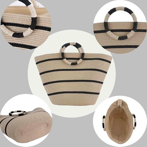 حقيبة الشاطئ للنساء حقائب حمل من القش حقيبة يد ذات سعة كبيرة حقيبة يد من الخيزران بمقبض علوي مستدير لعطلة الصيف والشاطئ والسفر in Kuwait