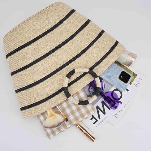 حقيبة الشاطئ للنساء حقائب حمل من القش حقيبة يد ذات سعة كبيرة حقيبة يد من الخيزران بمقبض علوي مستدير لعطلة الصيف والشاطئ والسفر in Kuwait