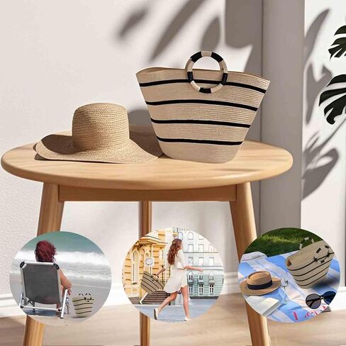 حقيبة الشاطئ للنساء حقائب حمل من القش حقيبة يد ذات سعة كبيرة حقيبة يد من الخيزران بمقبض علوي مستدير لعطلة الصيف والشاطئ والسفر in Kuwait