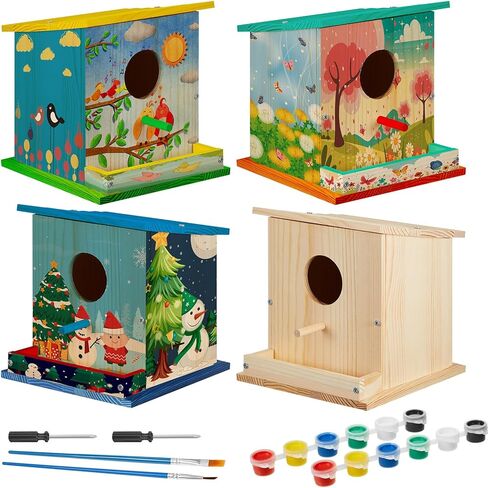 Liliful 4 Pack Birdhouse Kit DIY Wooden Lovely Bird House with Paint and Paintbrushes Arts and Crafts Painting Kits for Boys Girls Adults Christmas Party Gift Build Paint Classroom Birthday Craft in Saudi Arabia
