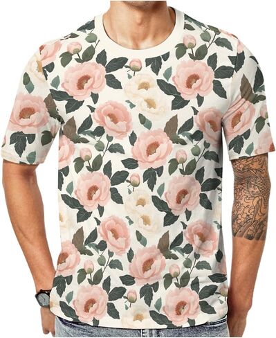Watercolor Pink White Floral Men's T-Shirt Vintage Rustic Peony Flower Casual Shirts Boho Floral Tees Tops in Saudi Arabia