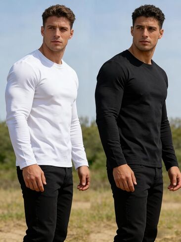 Men's T-Shirts 2-Pack,Black & White Long Sleeve Crewneck Tee Set,Basic Solid Color Combo,Sizes S-XL in Saudi Arabia