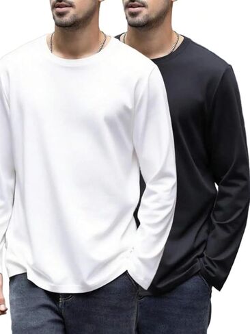 Men's T-Shirts 2-Pack,Black & White Long Sleeve Crewneck Tee Set,Basic Solid Color Combo,Sizes S-XL in Saudi Arabia