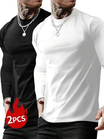 Men's T-Shirts 2-Pack,Black & White Long Sleeve Crewneck Tee Set,Basic Solid Color Combo,Sizes S-XL in Saudi Arabia