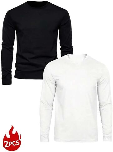 Men's T-Shirts 2-Pack,Black & White Long Sleeve Crewneck Tee Set,Basic Solid Color Combo,Sizes S-XL in Saudi Arabia
