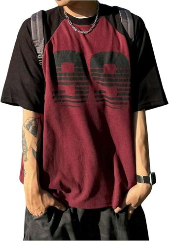 Men's Number Graphic Baggy Shirts Color Block Short Sleeve Crewneck Vintage Tees Tops in Saudi Arabia