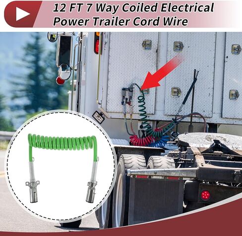 7 Way Coiled Electrical Power Trailer Cord Wire Female Plug Trailer Extension Cable for Semi Trucks Tractors 12 Feet Green Zinc Alloy in Saudi Arabia