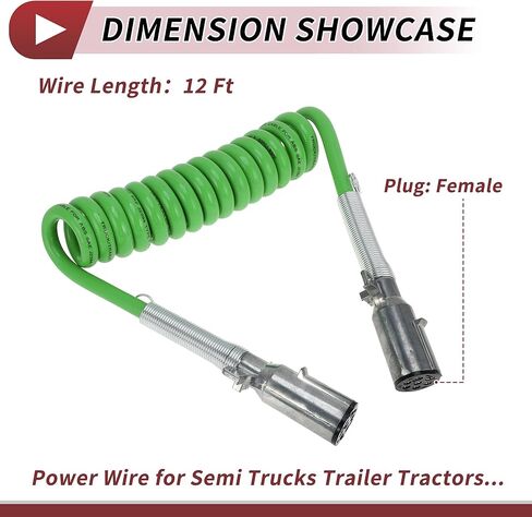 7 Way Coiled Electrical Power Trailer Cord Wire Female Plug Trailer Extension Cable for Semi Trucks Tractors 12 Feet Green Zinc Alloy in Saudi Arabia