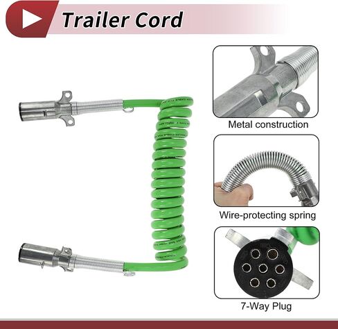 7 Way Coiled Electrical Power Trailer Cord Wire Female Plug Trailer Extension Cable for Semi Trucks Tractors 12 Feet Green Zinc Alloy in Saudi Arabia