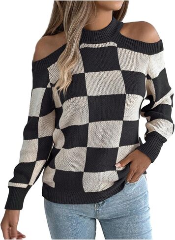 MakeMeChic Women's Plaid Sweater Cold Shoulder Crew Neck Long Sleeve Pullover Tops in Saudi Arabia