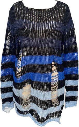 CORIRESHA Women's Oversized Goth Punk Ripped Rainbow Striped Sweater Long Sleeve Knit Pullover in Saudi Arabia