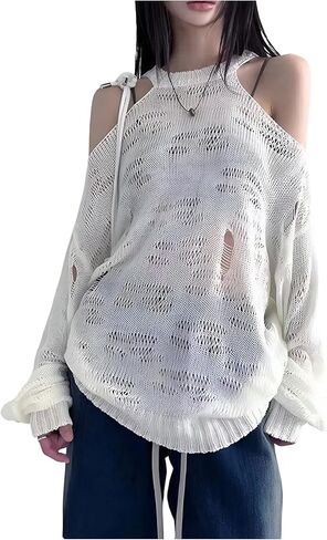 SweatyRocks Women's Hollow Out Sheer Knit Sweater Cold Shoulder Long Sleeve Y2K Pullover Tops in Saudi Arabia