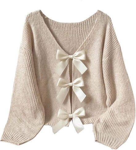 Women's Bowknot Sweaters Y2k Long Sleeve V Neck Knit Pullover Tops in Saudi Arabia