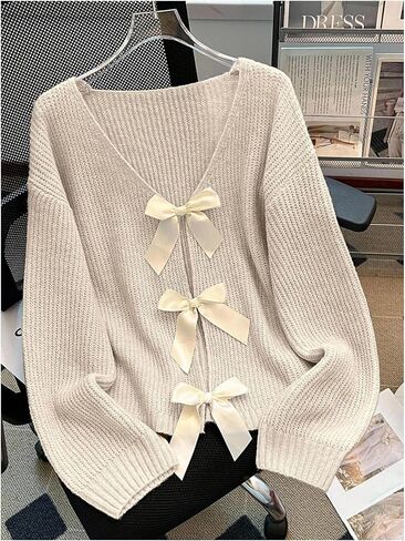 Women's Bowknot Sweaters Y2k Long Sleeve V Neck Knit Pullover Tops in Saudi Arabia