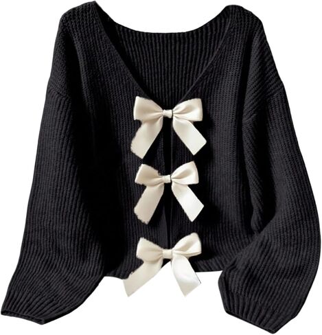 Women's Bowknot Sweaters Y2k Long Sleeve V Neck Knit Pullover Tops in Saudi Arabia