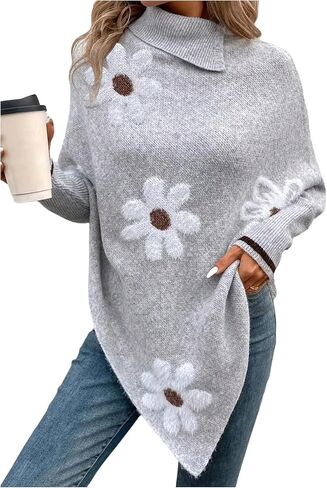 MakeMeChic Women's Winter Floral Poncho Sweater Business Elegant High Neck Asymmetrical Knit Top in Saudi Arabia