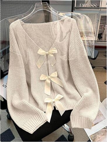 Women's Bowknot Sweaters Y2k Long Sleeve V Neck Knit Pullover Tops in Saudi Arabia