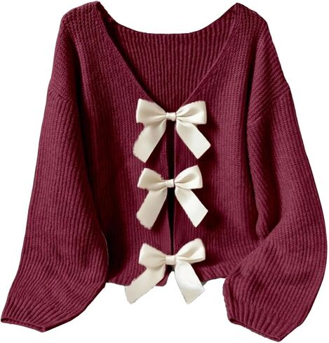 Women's Bowknot Sweaters Y2k Long Sleeve V Neck Knit Pullover Tops in Saudi Arabia