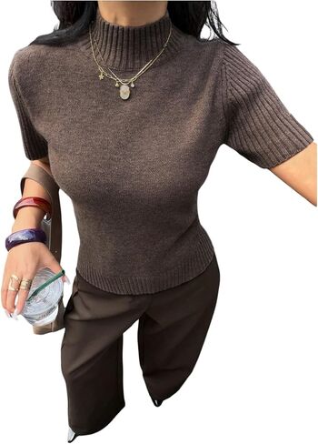 GORGLITTER Women's Cropped Short Sleeve Sweater Dressy Cozy Mock Neck Lightweight Casual Pullover Knit Top Spring Clothes in Saudi Arabia
