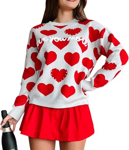 UAURORAO Fuzzy Heart Sweater for Women Cute Valentines Day Sweaters Long Sleeve Crew Neck Sweatshirt Knit Pullover Tops in Kuwait
