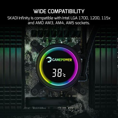 GamePower SKADI LCD 360 AIO CPU CAPU COWNER ، 2.1 "عرض لـ GIFs والمقاييس ، برعيد 360 مم مع عشاق 3x PWM HDB ، 14.5 واط/MK معجون حراري ، متوافق مع Intel LGA 1700 ، 1851 ، 115X ، AMD AM4/AM5/AM5 in Kuwait