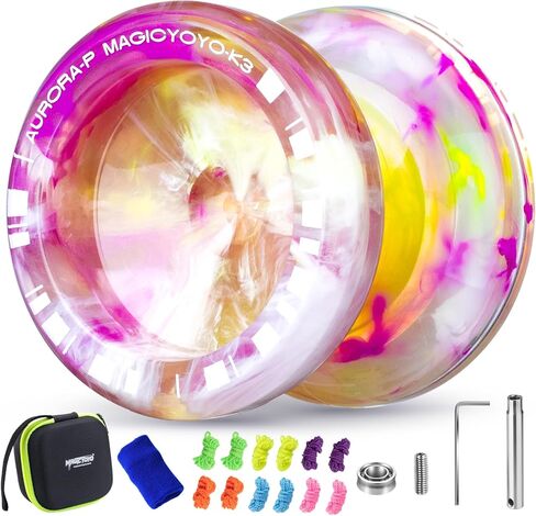 MAGICYOYO K3 Aurora-p Yoyo for Kids, Responsive Yoyo for Beginner, Professional Trick Yoyos with Extra Unresponsive Bearing for Adults, 12 Yo yo Stings, Bearing Removal Tool, Yo-yo Case (Black White) in Kuwait