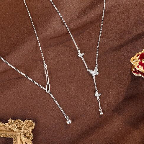 Ursumy 925 Sterling Long Silver Necklace for Women Dainty Y Shaped Layered Beaded Chain Simple Choker Necklaces butterfly Jewelry Gifts in Saudi Arabia