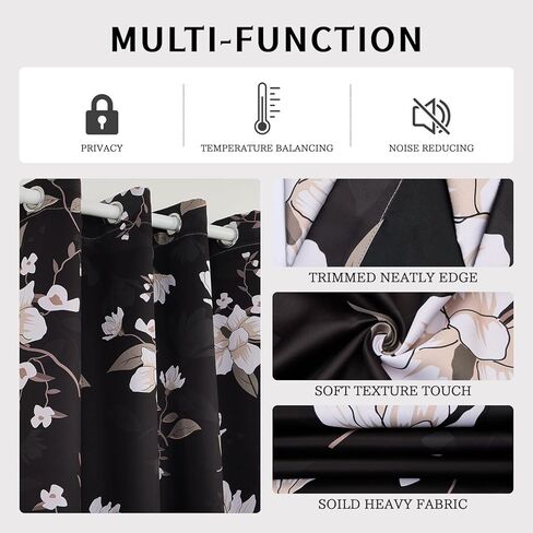 Vintage Floral Blackout Curtains 84 Inches Long 2 Panels, Elegant Black & White Flower Pattern Window Drapes, Light Blocking Thermal Insulated Curtains for Bedroom & Living Room in Saudi Arabia