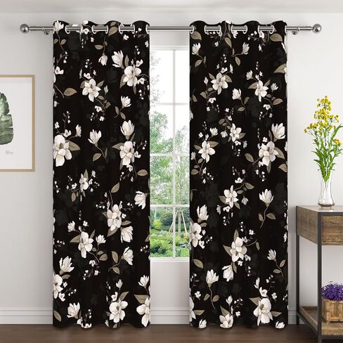 Vintage Floral Blackout Curtains 84 Inches Long 2 Panels, Elegant Black & White Flower Pattern Window Drapes, Light Blocking Thermal Insulated Curtains for Bedroom & Living Room in Saudi Arabia