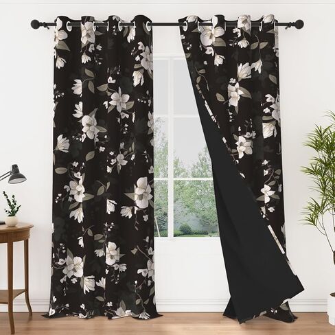 Vintage Floral Blackout Curtains 84 Inches Long 2 Panels, Elegant Black & White Flower Pattern Window Drapes, Light Blocking Thermal Insulated Curtains for Bedroom & Living Room in Saudi Arabia