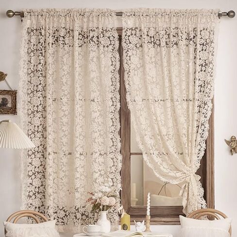 Elegant Floral Lace Sheer Curtains for Bedroom Romantic Flower Embroidered Voile Curtain for Kitchen Vintage Privacy Lace Sheer Tulle Curtains for Living Room Rod Pocket, 2 Panels (Beige,W51 L47 inch) in Kuwait